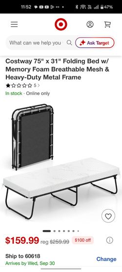 Costway 75" x 31" Folding Bed w/ Memory Foam Breathable Mesh & Heavy-Duty Metal Frame