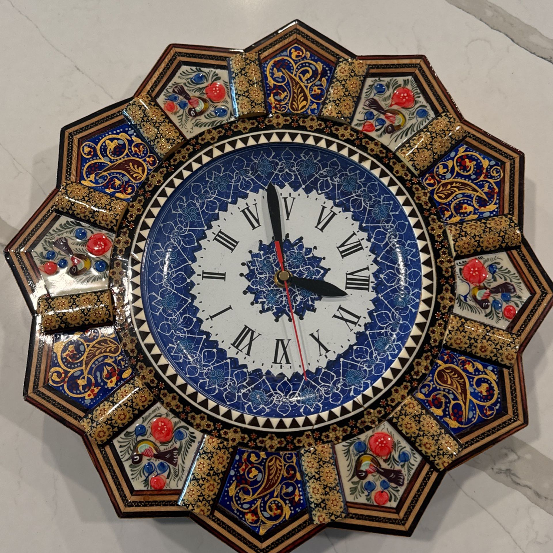 Antique Persian Large Wall Clock- Enamel And Woodwork