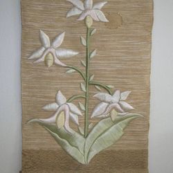 Vintage 80s Embroidered Silk Iris Wall Hanging, 3 Dimensional Embroidery