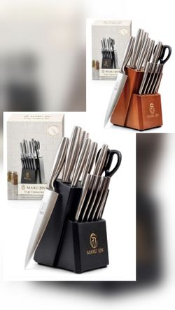 15-Piece Kitchen Knife Block Set, High-Carbon Stainless Steel Knives, Self-Sharpening Wooden Block, Premium Cutlery Set with Ergonomic Handle (Wooden,