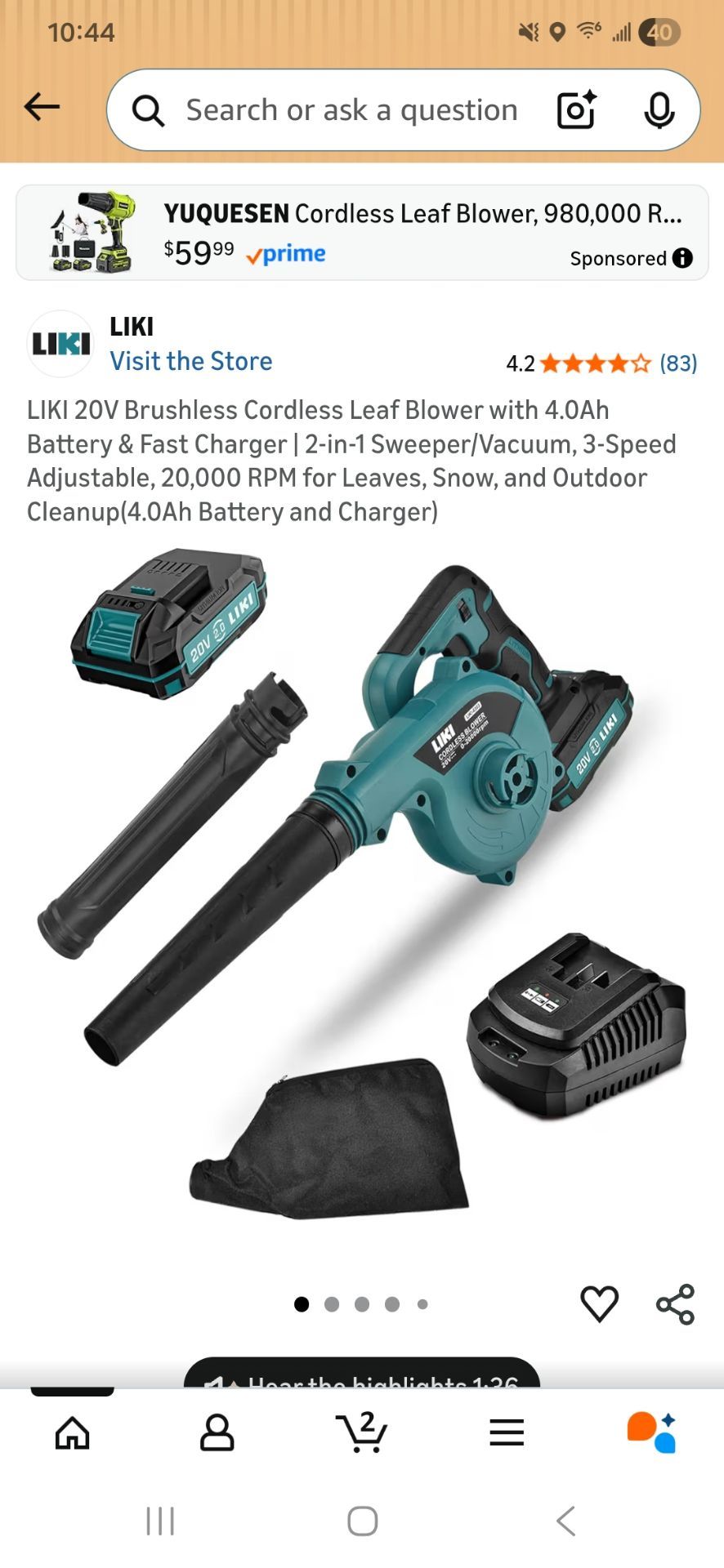 Brushless Cordless Leaf Blower with 4.0Ah Battery & Fast Charger | 2-in-1 Sweeper/Vacuum, 3-Speed Adjustable, 20,000 RPM for Leaves, Snow, and Outdoor