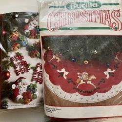 2 Vintage Bucilla Kits  "Rocking Horse Teddy" Felt Applique Tree Skirt Kit 82506 43" And Ho Ho Ho Santa" Felt Applique Ornament Kit 86166. Both New 
