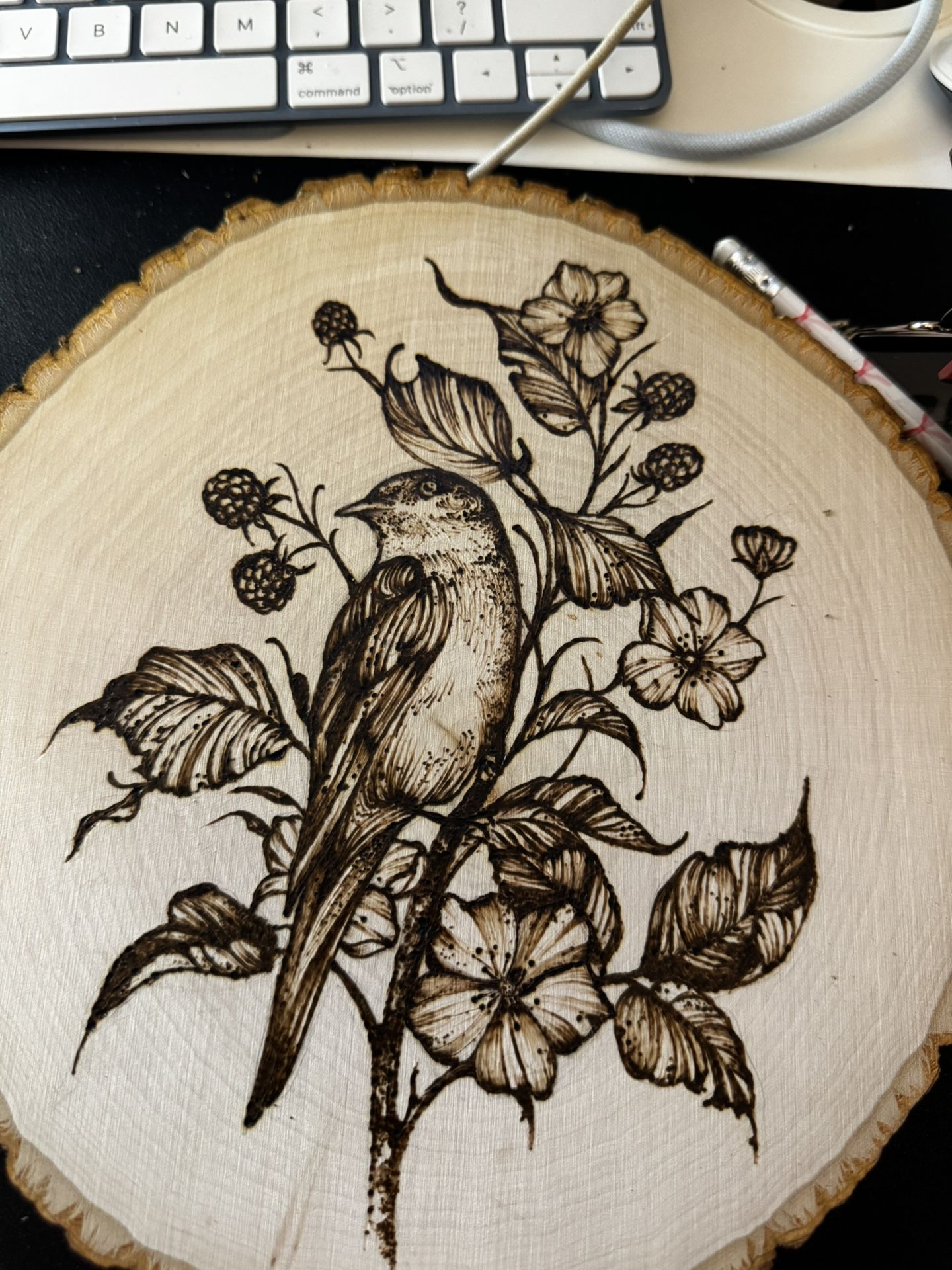 wood burning bird