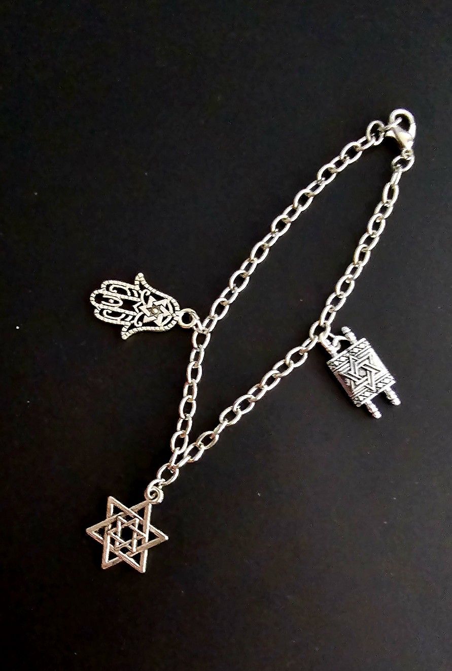 UNIQUE ORIGINAL DESIGNER CREATED JUDAISM SYMBOLIC SILVER CHARM 7"NEW BRACELET