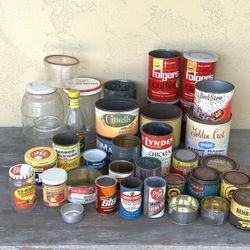 Vintage Lot Of Tin Cans and Glass Jars