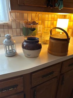 Set of 3 home decor items | lantern, basket, stoneware jar
