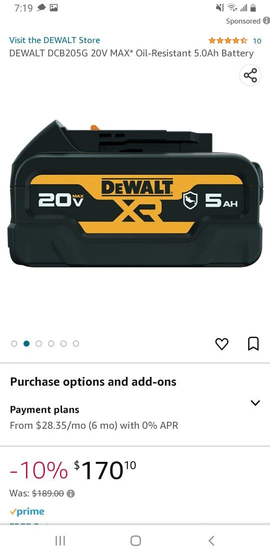 Dewalt 20v 5AH "Oil -Resistant Battery"