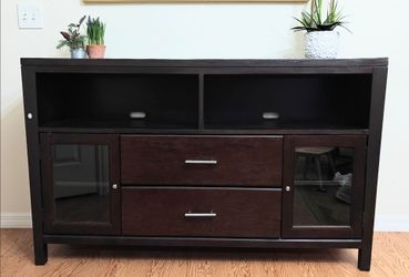 Dark Mahogany Espresso Modern Long Rectangular Media Big Screen TV Stand Glass Shelves Drawers Storage