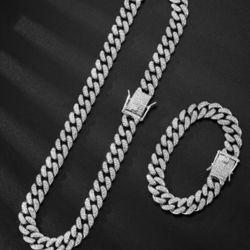 60cm White Gold Plated Iced CZ Out Miami Cuban Link necklace Chain Set 