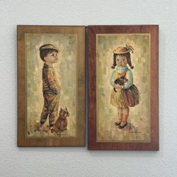 Mid Century Medeiros Girl with Cat and Boy with Dog Big Eye Wall Art   