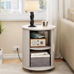 Round End Table with Charging Station, Mid Century Bedside Table with Sliding Door & 2 Tier Storage, Modern Nightstand for Living Room, Home, Natural 