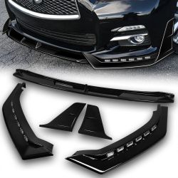 For 14-17 Infiniti Q50 Luxe Painted Black LED Sequential Lights Front Bumper Lip -(2-PU-209-LED-PBK