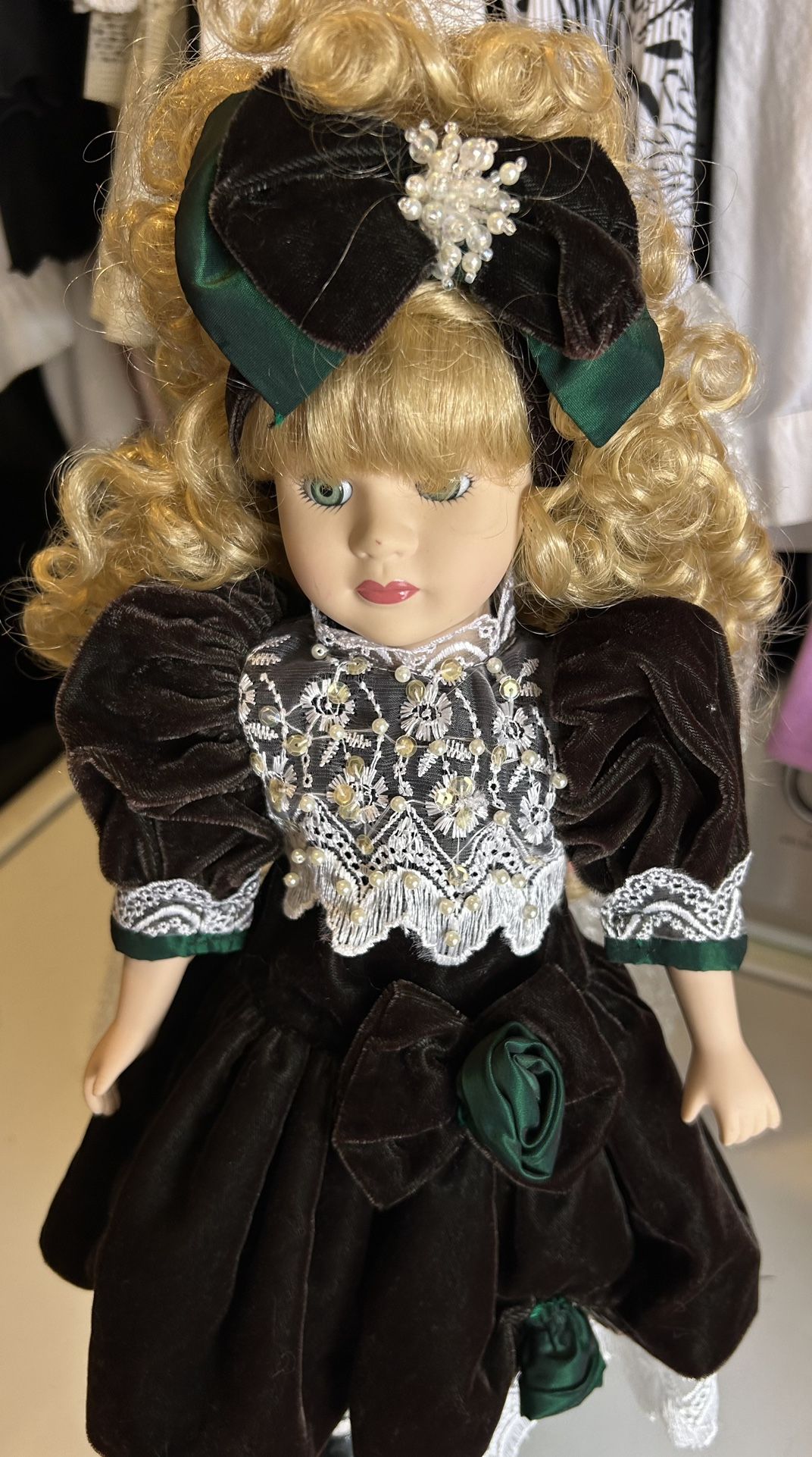 Vintage  porcelain Doll green velvet dress! Collectible! 