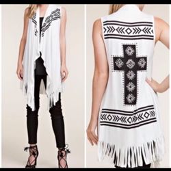 VOCAL Cross Rhinestone Fringe Open Front Long Vest White M