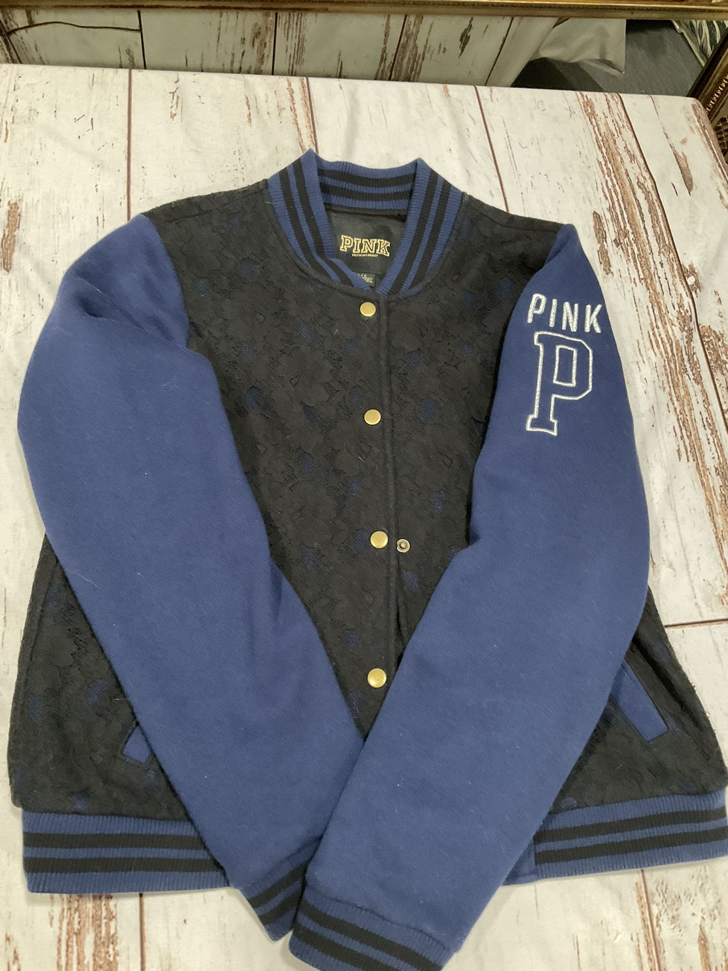 VICTORIAS SECRET PINK BLUE BLACK LACE VARSITY LETTERMAN JACKET