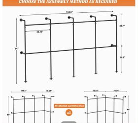 (R-1-16)Aheaplus Industrial Pipe Clothing Rack, Reversible 13FT Clothes Rack for Hanging Clothes, Heavy Duty Garment Racks, Wall Mounted Closet Wardro