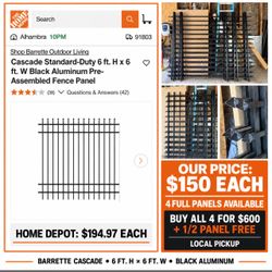 Barrette Cascade Black Aluminum Fence Panels 6 x 6