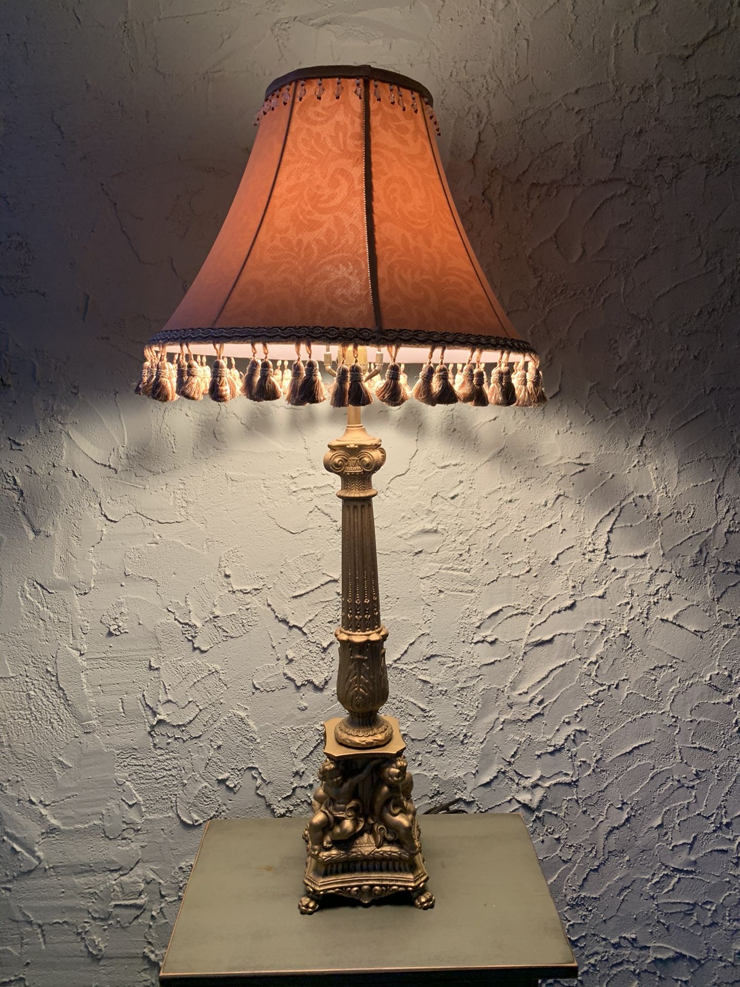 Set of Two (2) Vintage Gold Cast-Metal Footed Cherubs/Angels Hollywood Regency Table Lamps (Height: 36-1/2”)