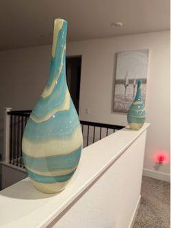 Set of 2 Blue & Cream Decorative Glass Vases – $15 for Both