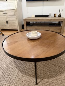 Round Wood and Black Metal Coffee Table