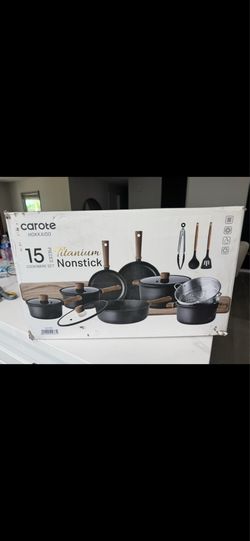 Carote  Titanium Nonstick Pots and Pans Set, 15 Pieces Kitchen Cookware Set with Silicone Tools, All Stoves Compatible, Dishwasher Safe, Black