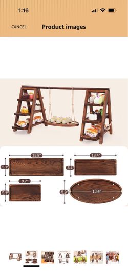 3-Tier Wooden Cupcake & Dessert Display Stand with Swing Frame – Rustic Torch-Finished Pine, Extra Wide 5.1" Trays, Pre-Assembled with Anti-Slip Pads,