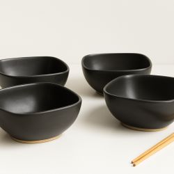 Japanes Vintage 1960s Mingei Style Set Of 4 Studio Pottery Black Clay Bowls