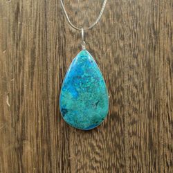 18 Inch Sterling Silver Blue Green Large Wrapped Wire Stone Necklace