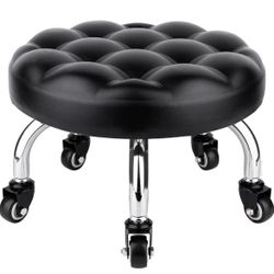 Pedicure Stool Low Roller Seat Wheel Stool,Swivel Stool Round Stool with Wheels, Black Low Chair with Wheels,PU Leather