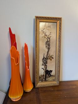 Vintage Antique Hand Painted Cat Painting In An Ornate Frame