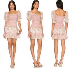 Hemant & Nandita Pink & Gold Metallic Smocked Short Mini Dress Medium NWT