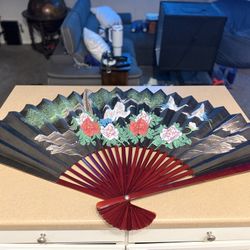 Vintage Chinese Fan Wall Art Hand Painted Paper & Wood - Birds Flowers 35" x 60"