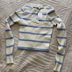 Lost + Wander Ribbed Knit Striped Sweater White Blue M/L NWT