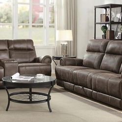 Brand New 2 Piece Buckskin Brown Reclining Sofa and Love Seat