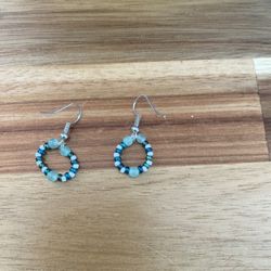 Handmade Beaded Hoop Earrings - Blue and Silver 