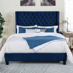 Navy Blue Velvet Queen Bed Frame