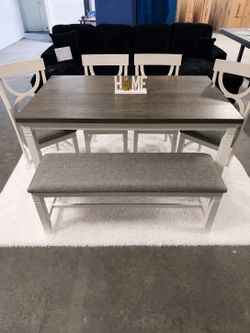 New! 📦 Elegant White Dining Table Set-Chairs & Bench