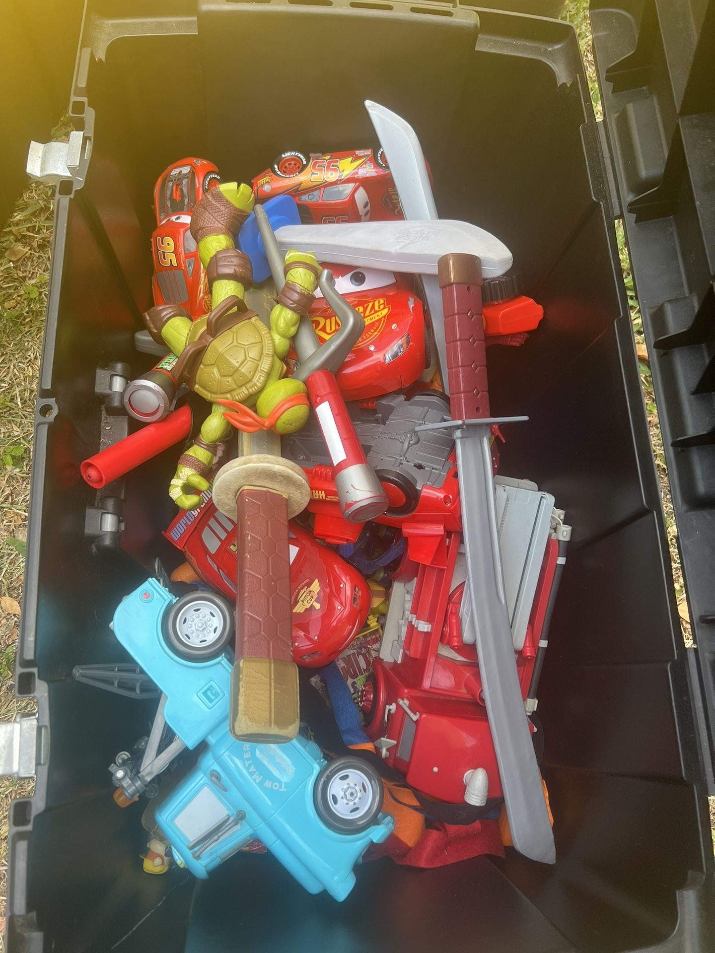 Two Boxes Of Children Toys… Cars , Monster Jam , Ninja Turtle, Rayan , Sonic.. Excellent Condition !!