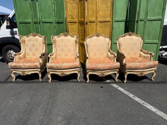 Vintage Set of Four French Louis XV Style Bergère Armchairs | Carved Wood Accent Chairs