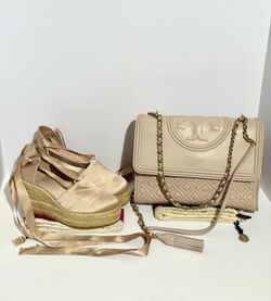 Tory Burch Matching Set Fleming Bag & Elisa Satin Wedge Espadrilles Size 7