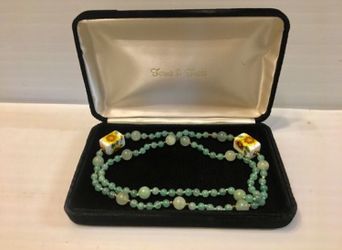 ONE OF A KIND AND VERY RARE VINTAGE GREEN JADE BEADED BALL NECKLACE 18K YELLOW GOLD BALL ACCENTS HAND PAINTED FLOWER CHAR