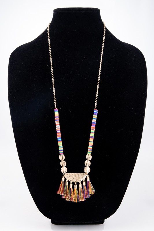 Boho Chic Colorful Polymer Clay Heishi Beaded Fringe Necklace