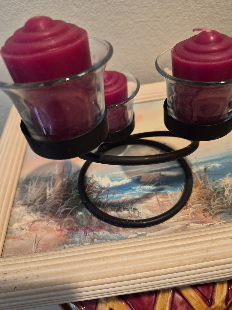 Wrought Iron Swirl 3 Votive Candle Holder With Candles