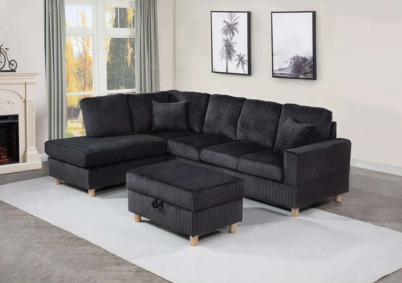 Sectional Sofa With Ottoman / Available In Black, Grey Or Beige