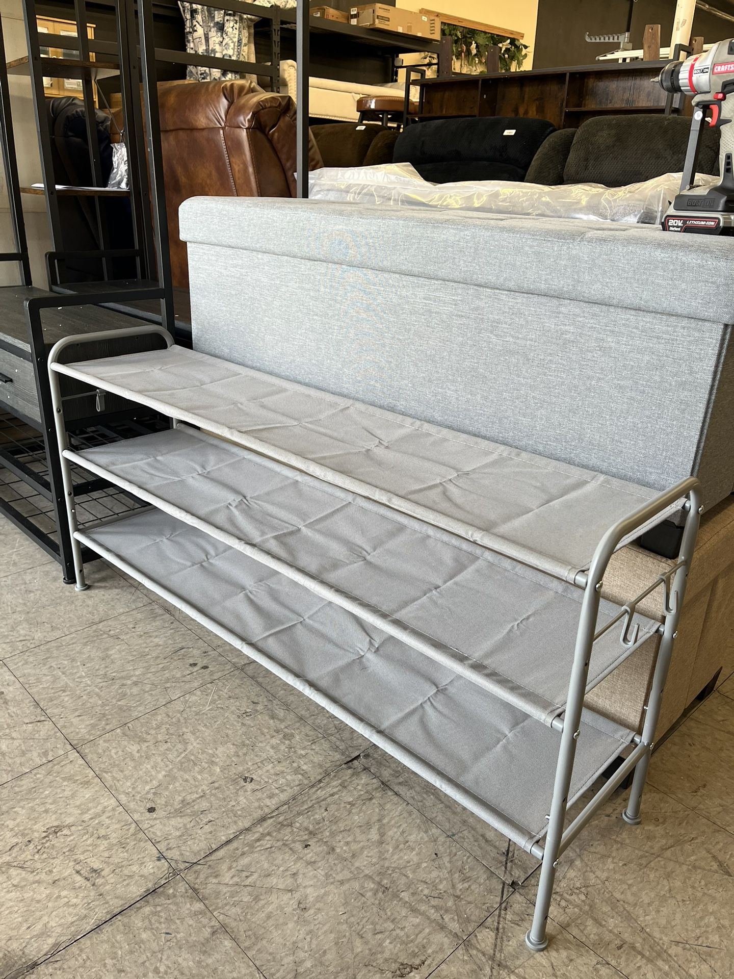 SONGMICS Shoe Rack 3-Tier Shoe Organizer, Fabric Shoe Shelf Storage with 4 Hooks - Dove Gray