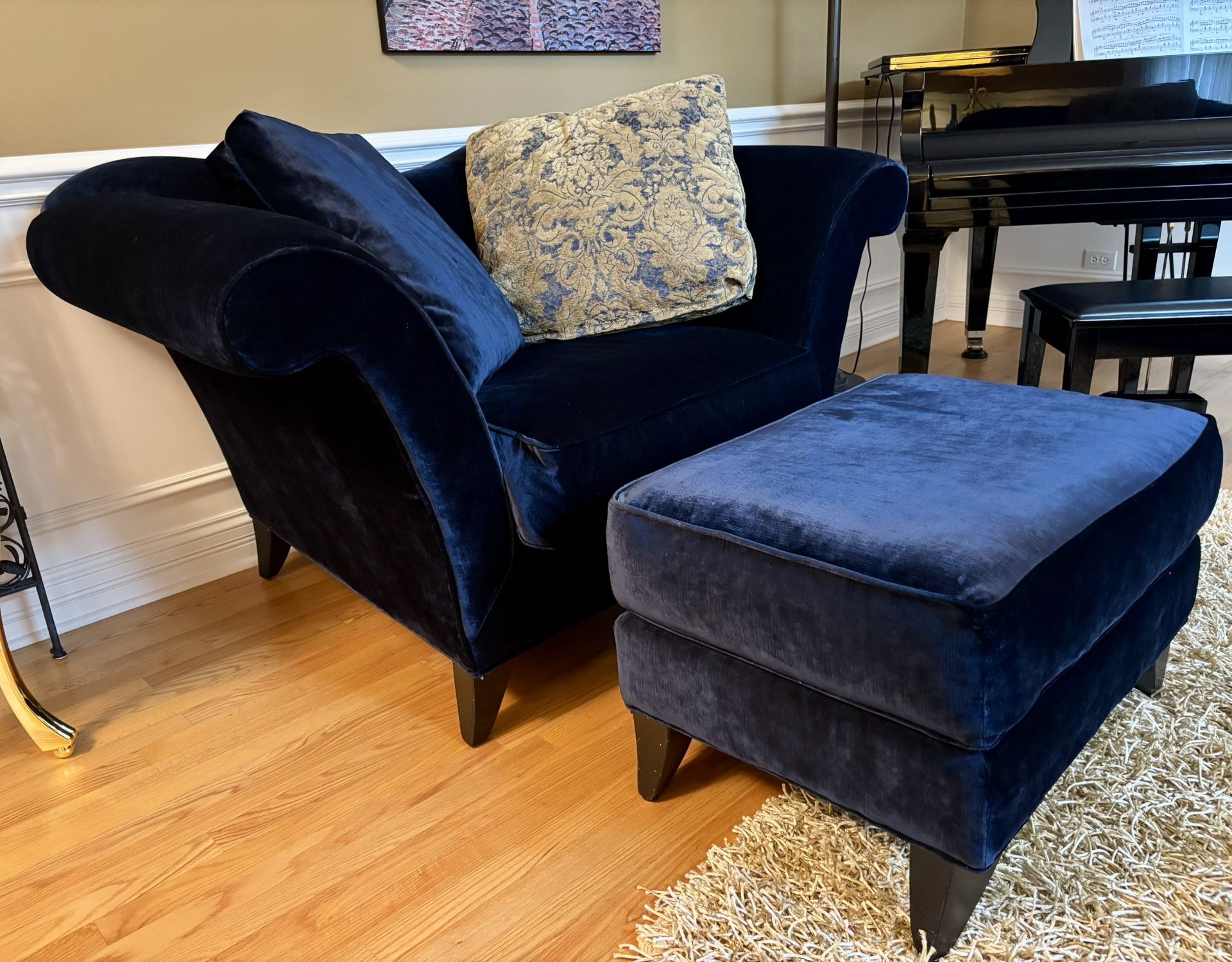 Z Gallerie Swayback Chair with Rolled Arms plus Ottoman and Two Throw Pillows