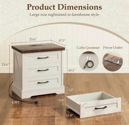 Farmhouse Nightstand with Charging Station, 3-Drawer Rustic Bedside Table