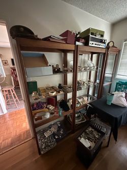 Two Tall Wooden Stands w/ Glass Shelving
