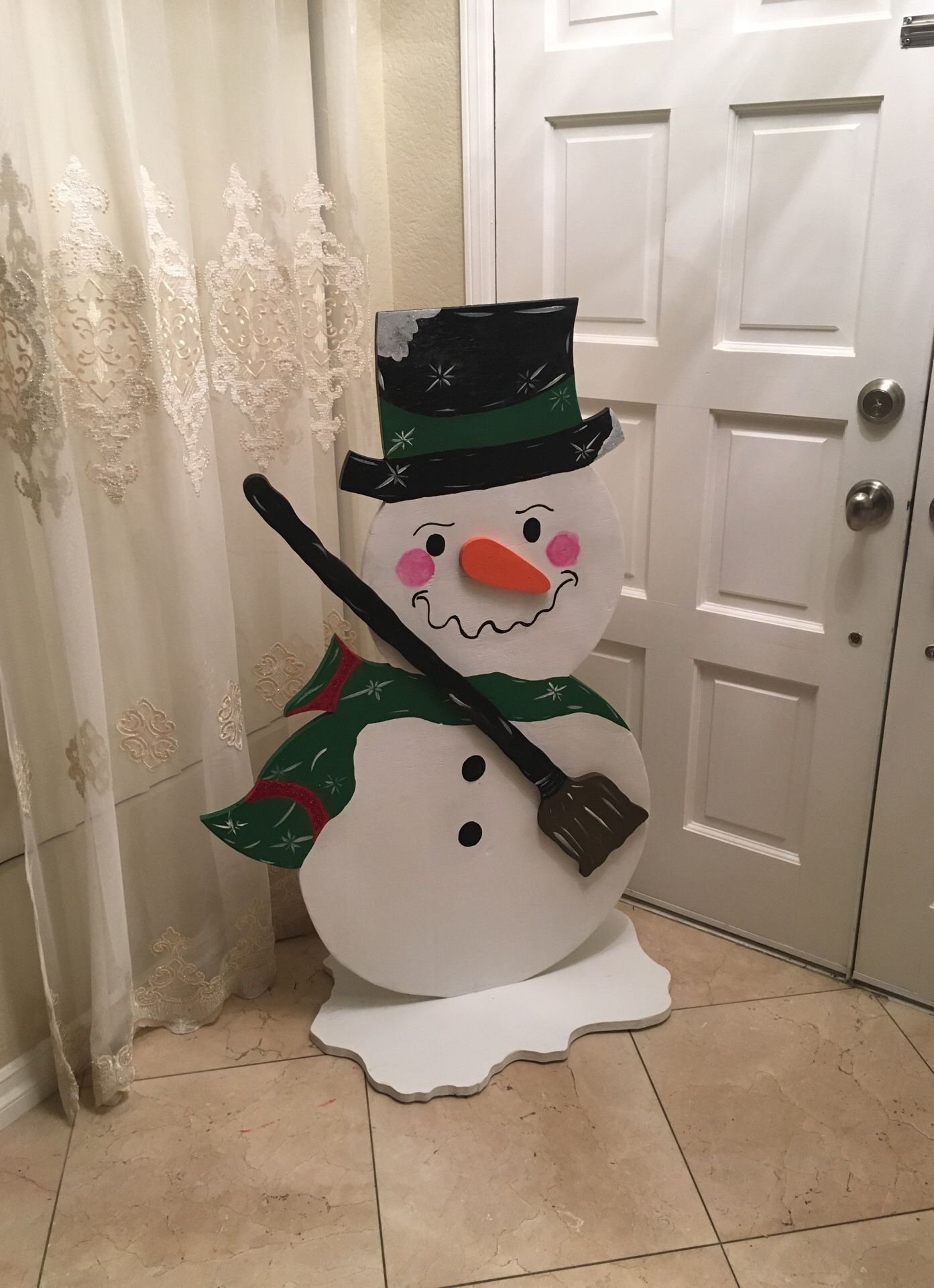 Custom made snowman free standing made out of sturdy 5/8 plywood hand painted and sealed for outdoor decorations