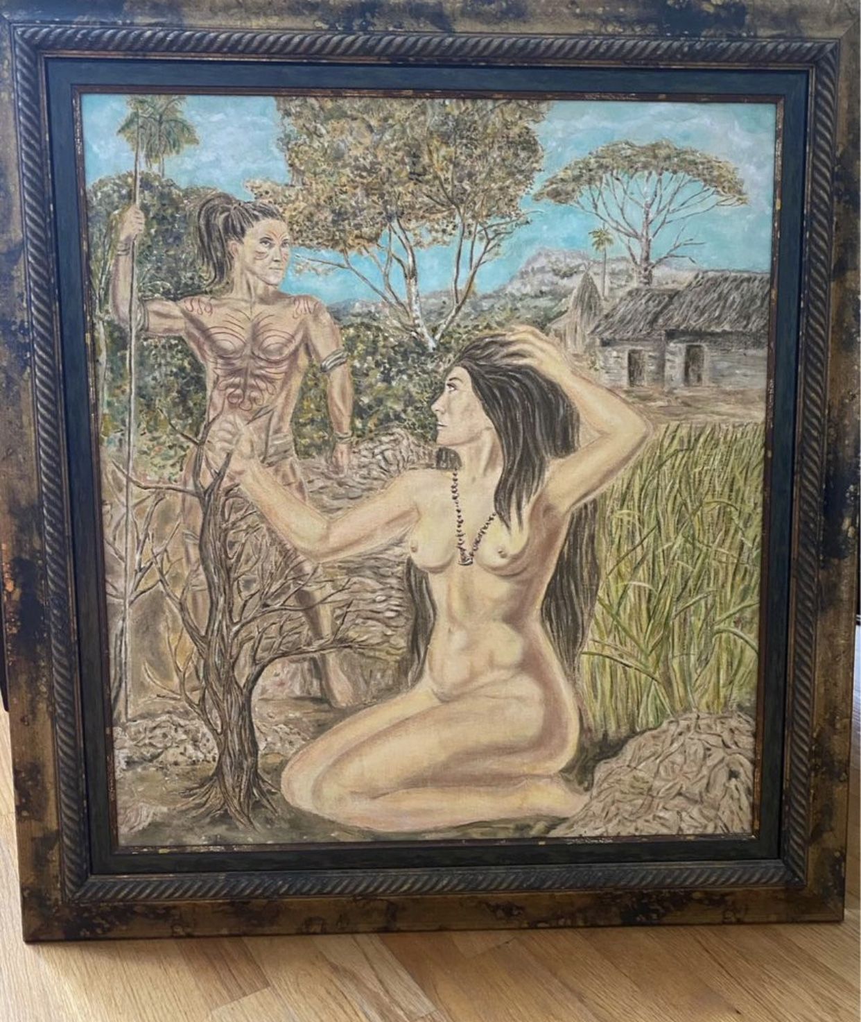 Painting Original Oil Signed By Artist - Primitive Art- 37” X 32”